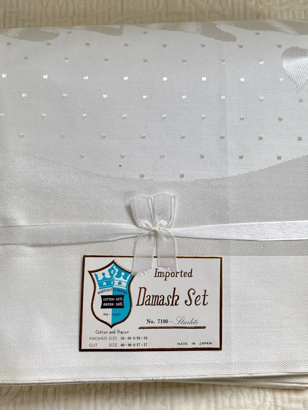 White Damask Tablecloth, Cotton and Rayon 58